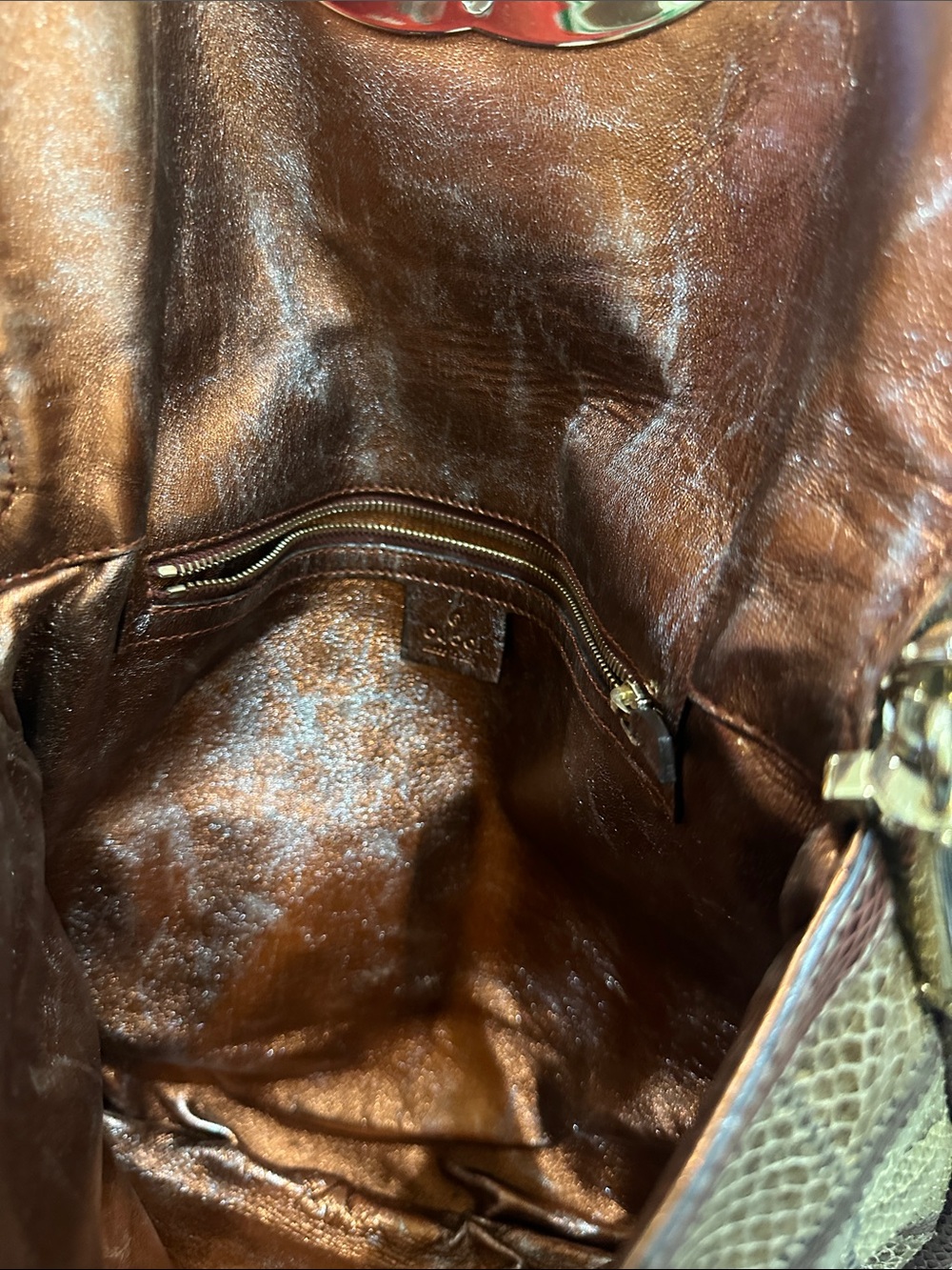 GUCCI Burgundy, Gold and Tan GG PURE SNAKESKIN Shoulder Bag W/tassel. - Picture 9 of 15